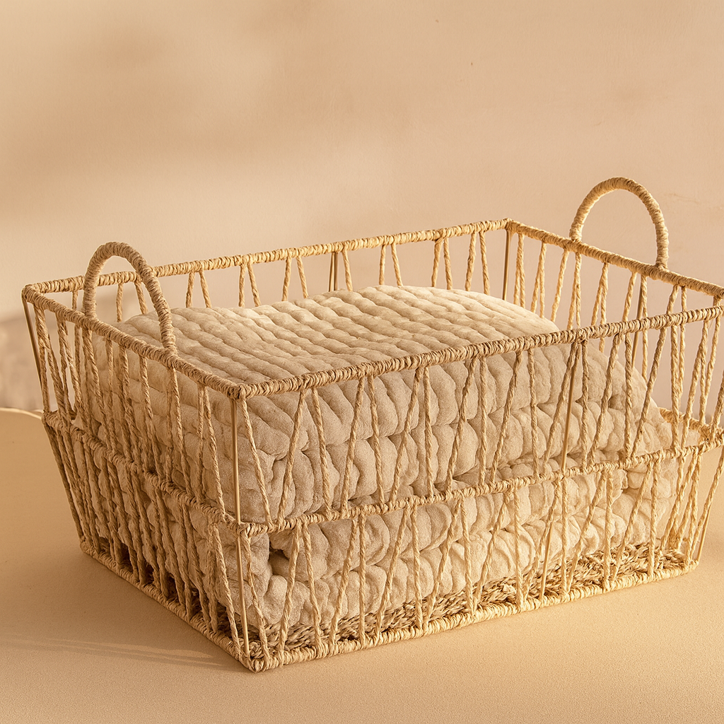 Large rattan storage basket filled with folded quilt, shown at an angle with dual handles.
