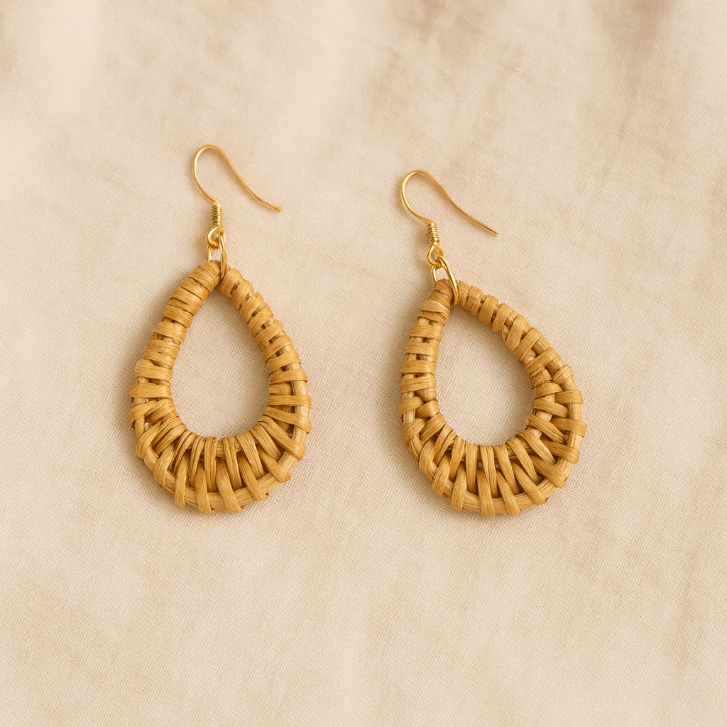 Pair of handwoven rattan teardrop dangle earrings with gold hooks on beige linen background.