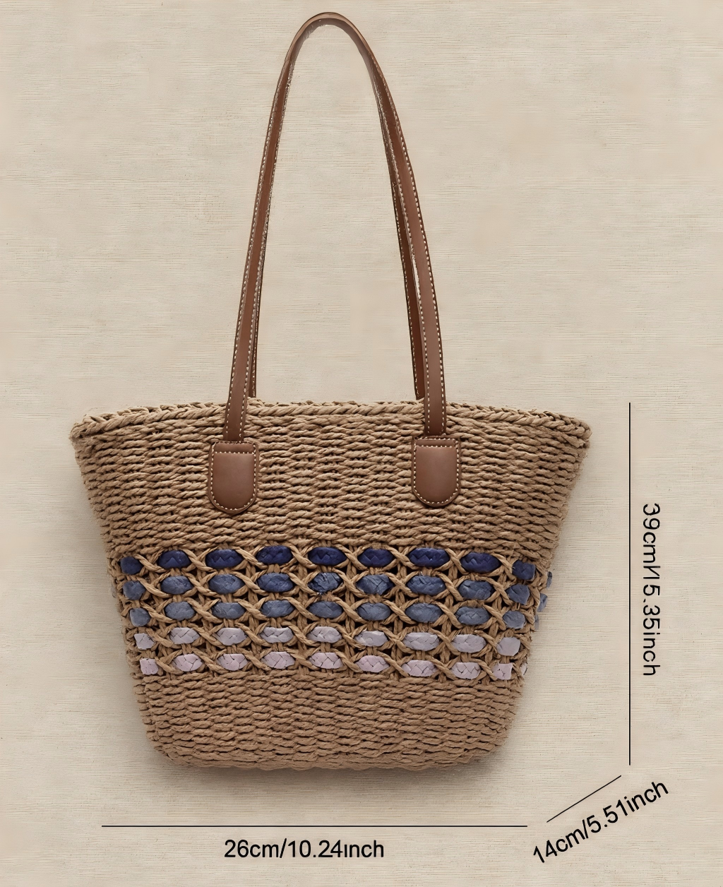 Measurement diagram of the brown handwoven straw tote with blue gradient band, showing size dimensions in centimeters and inches.