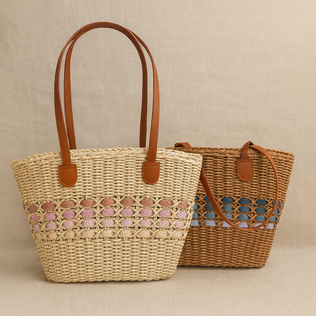 Two handwoven straw totes side by side — one beige with a pink gradient band, one brown with a blue gradient band, both featuring brown leather handles.