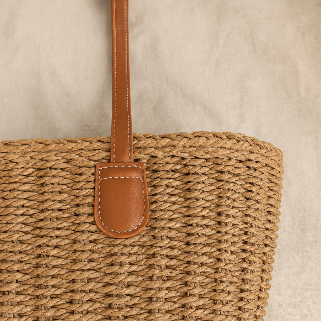 Close-up of the brown leather strap attachment on the straw tote, highlighting stitching and woven straw texture.