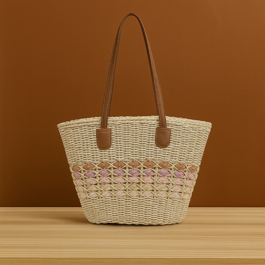A beige handwoven straw tote with brown leather straps and a pink gradient woven band across the center, placed on a wooden surface against a warm brown background.