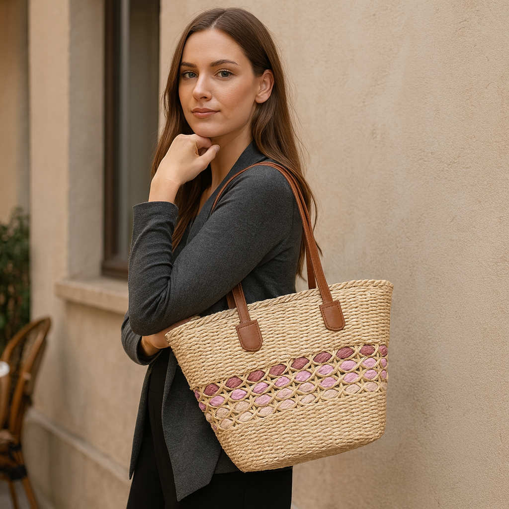 A woman wearing a dark gray outfit carrying the beige handwoven straw tote with pink gradient band on her shoulder, photographed outdoors against a beige wall.