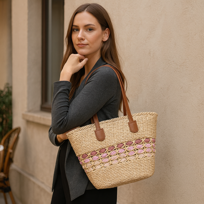 A woman wearing a dark gray outfit carrying the beige handwoven straw tote with pink gradient band on her shoulder, photographed outdoors against a beige wall.