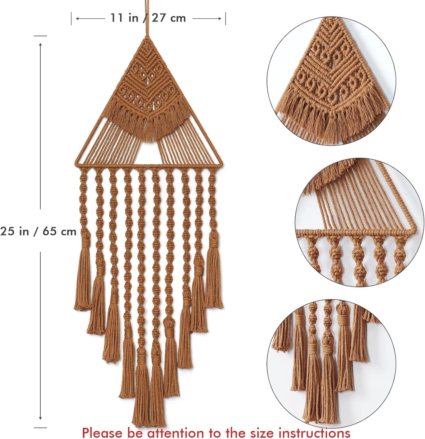 Macrame wall hanging with triangular pattern and tassels, 65 cm length, 27 cm width, size guide included.
