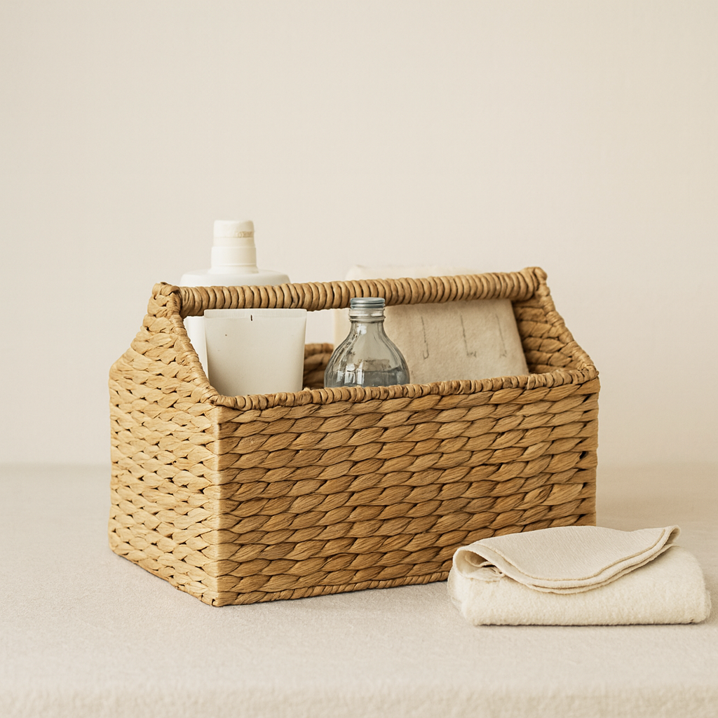 Natural water hyacinth storage basket with sturdy woven handle and neutral background, showcasing texture and design.