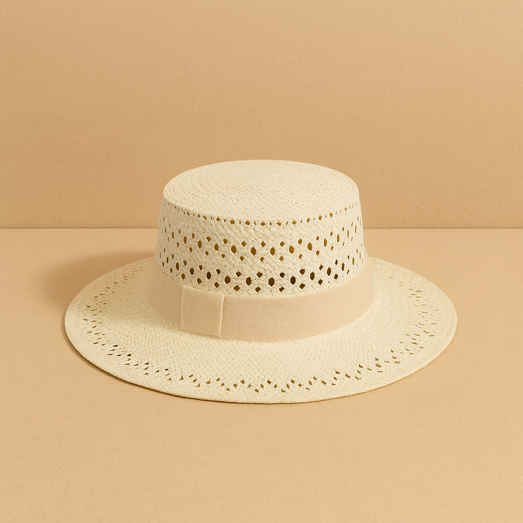 Ivory straw hat with openwork weave pattern and beige fabric band, displayed on beige background for a soft natural tone.