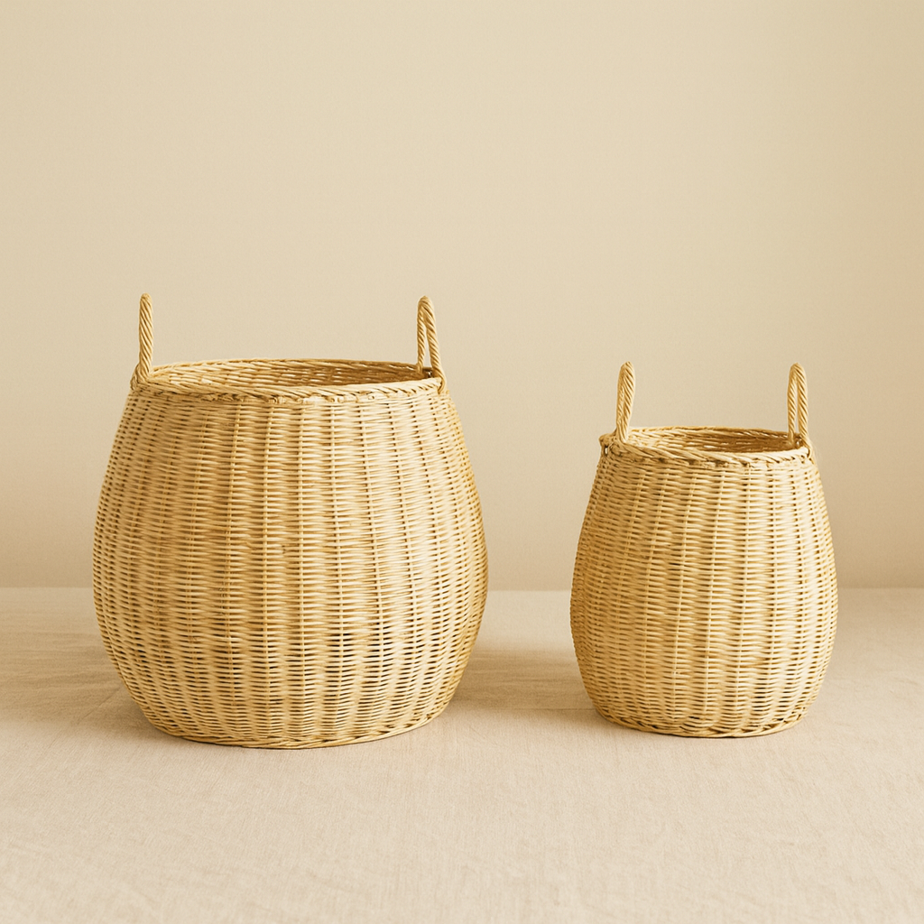 Pair of natural rattan laundry baskets on neutral backdrop, rounded bucket shape with double handles.