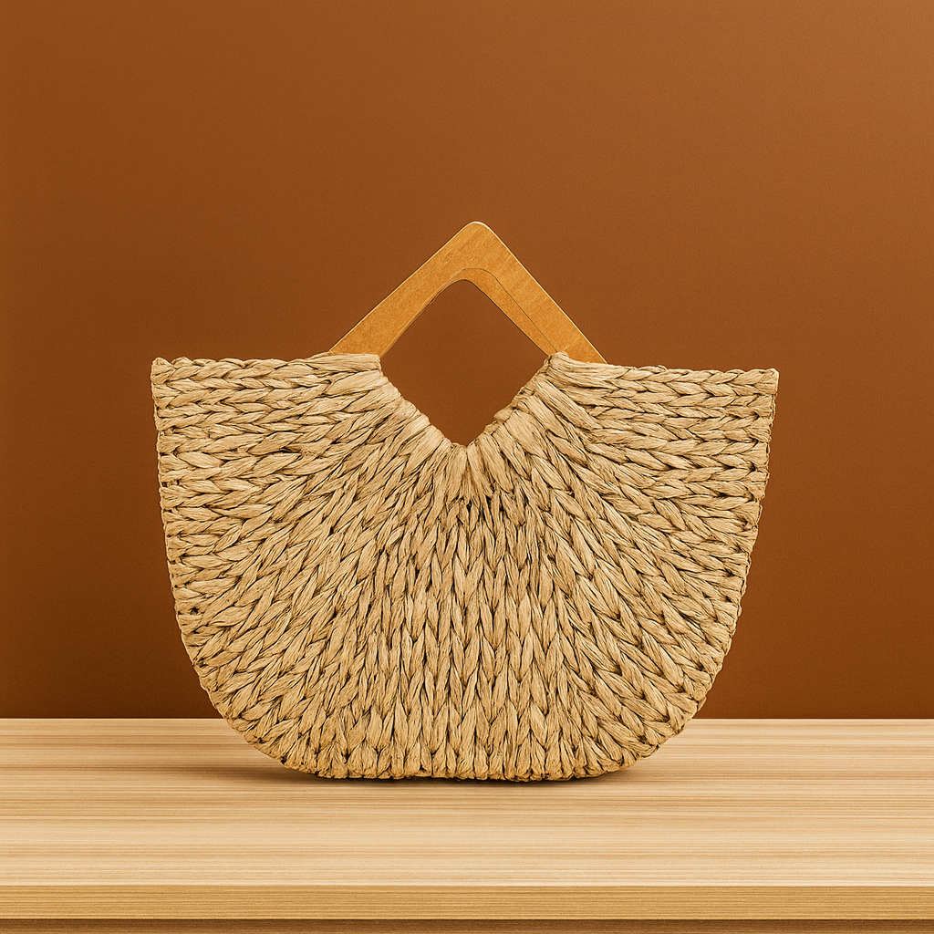 A large handwoven straw tote bag with a fan-shaped silhouette and geometric wooden handles, placed on a wooden surface against a warm brown background.
