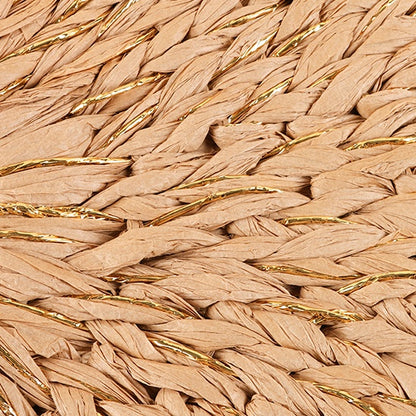 Macro view of the natural straw weaving pattern interlaced with gold fibers, showing detailed craftsmanship.