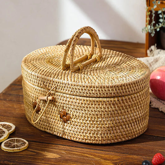 Large handmade rattan storage box with oval shape and handle, placed on wooden table under warm sunlight.