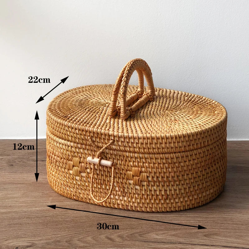 Size reference showing large rattan storage box dimensions: 30cm length, 22cm width, and 12cm height.