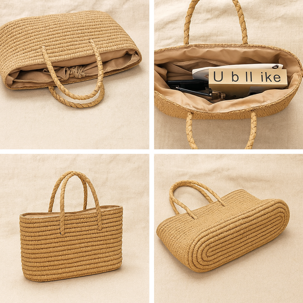 Collage of detailed shots showing the bag’s bottom texture, interior compartment, handle design, and flat structure.