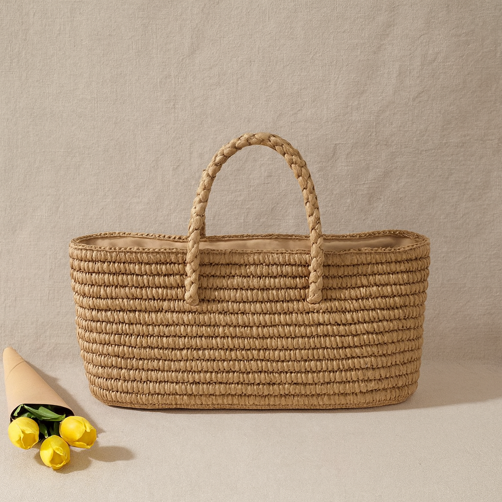 Large straw beach tote bag placed beside yellow tulips on a beige fabric background, showing its natural woven texture.