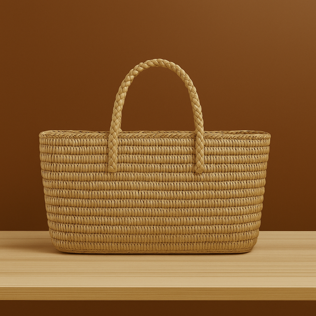 Large straw beach tote bag with braided handles and structured rectangular body, placed on a wooden surface against a warm brown background.