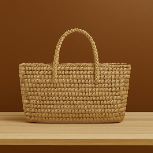 Large straw beach tote bag with braided handles and structured rectangular body, placed on a wooden surface against a warm brown background.
