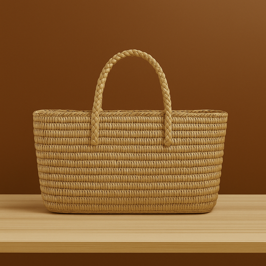 Large straw beach tote bag with braided handles and structured rectangular body, placed on a wooden surface against a warm brown background.