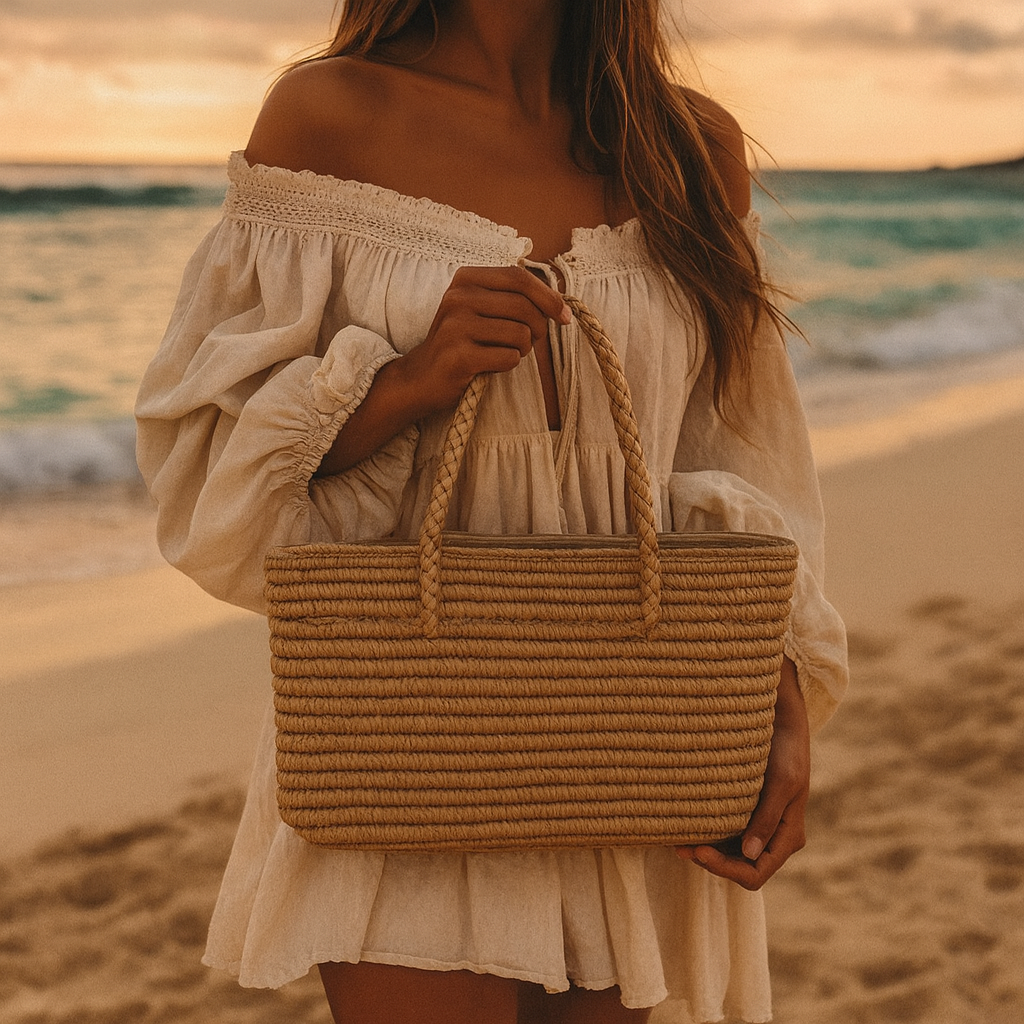Woman holding the large straw beach tote bag while standing on a sandy beach at sunset, wearing an off-shoulder white dress.