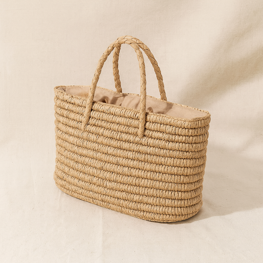 Angled side view of the large straw beach tote bag showing spacious interior and neat woven lines.