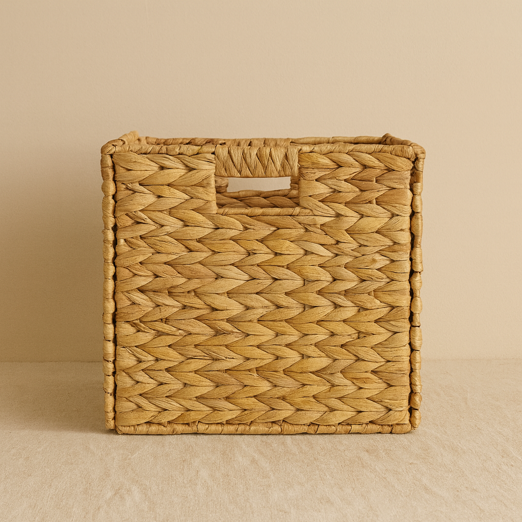 Front view of square water hyacinth basket highlighting woven texture and built-in handle.