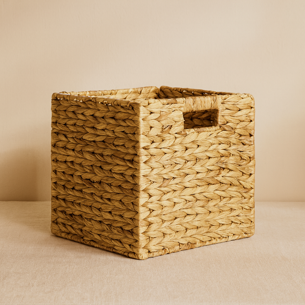 Natural square water hyacinth storage basket with woven texture, set against beige background.