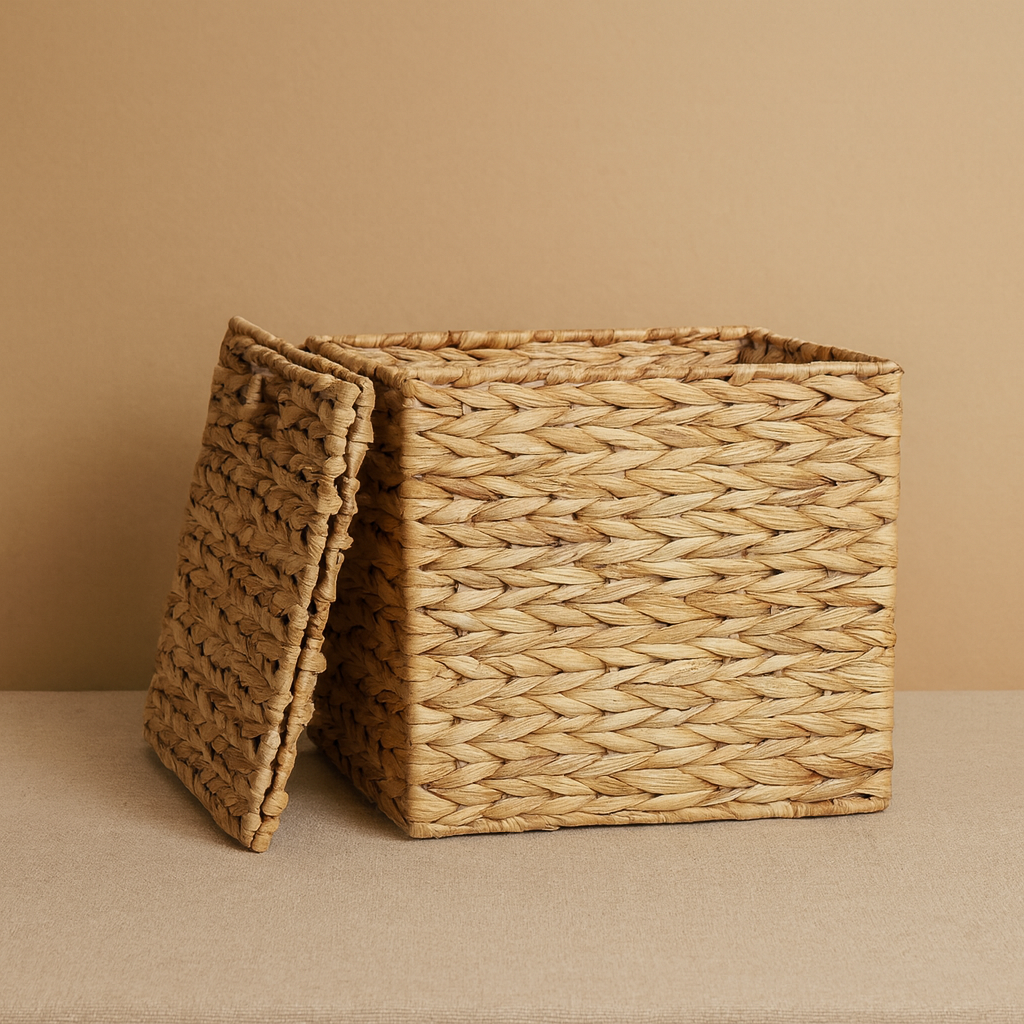Large woven water hyacinth storage basket with removable lid, showing spacious interior.