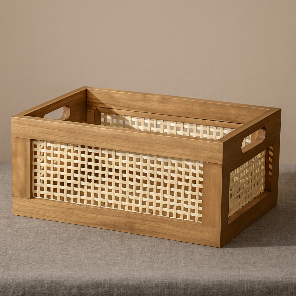 Empty wood and bamboo storage basket with woven rattan sides and smooth wooden frame, placed on neutral fabric.
