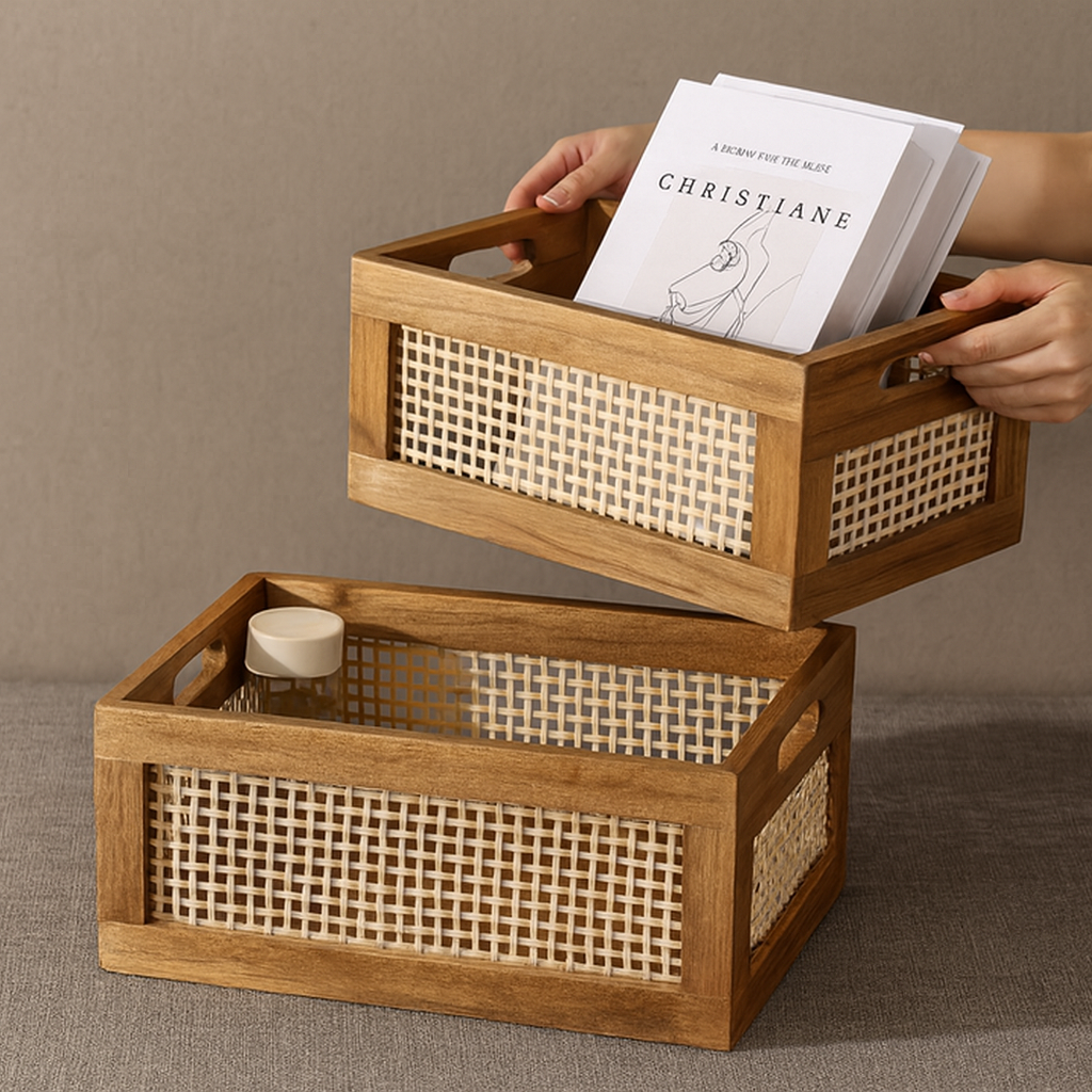 Two wood and bamboo storage baskets, one being lifted while filled with books, showcasing lightweight and practical design.