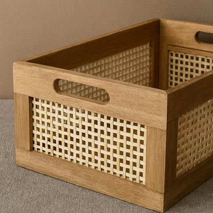 Close-up side view of wood and bamboo basket highlighting handwoven pattern and built-in handle.