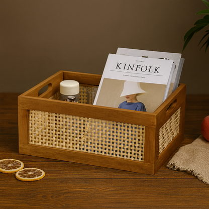 Large wood and bamboo storage basket placed on a wooden table, filled with magazines and bottles, showing its decorative storage use.