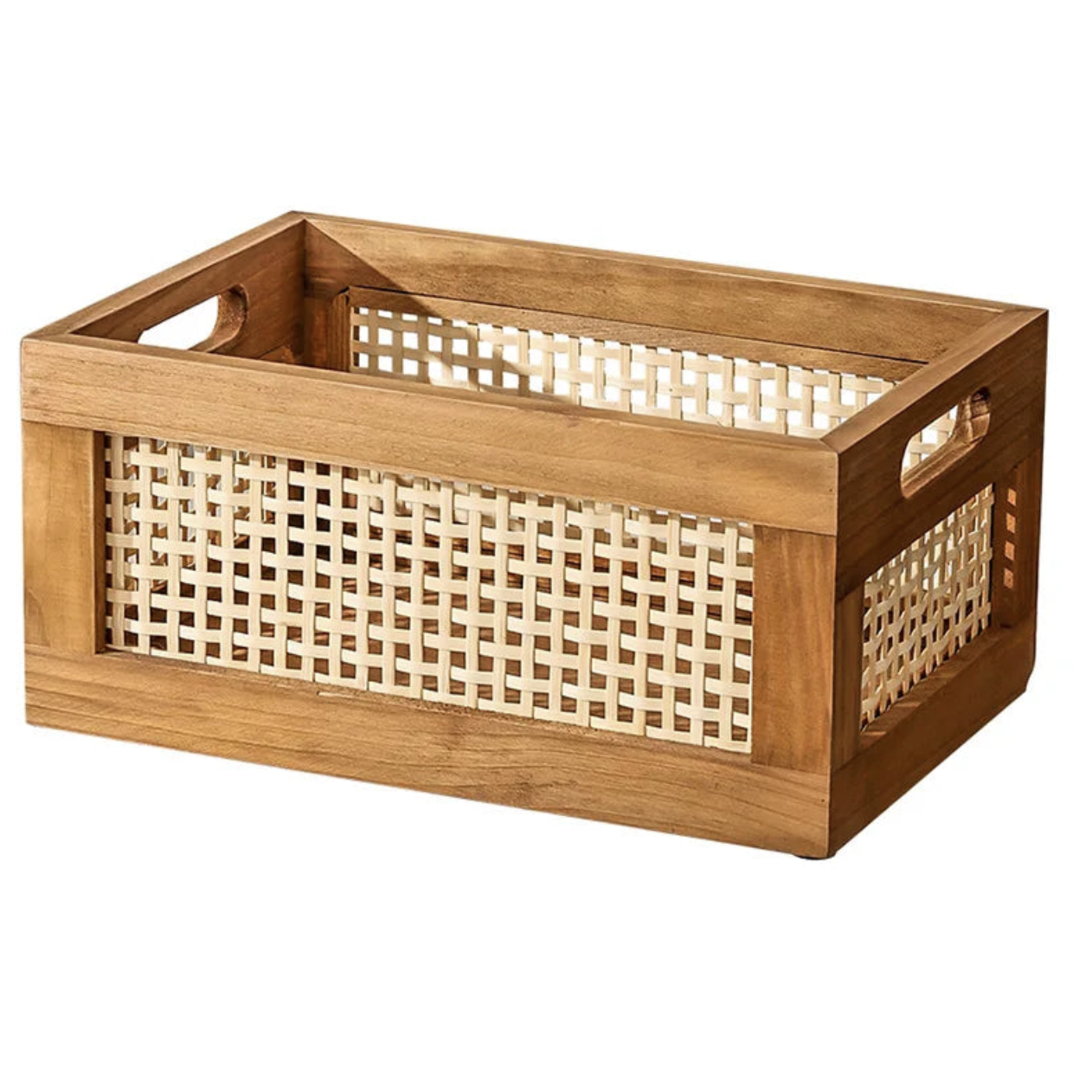 Isolated view of large bamboo and wood storage basket with open lattice sides and smooth finish.