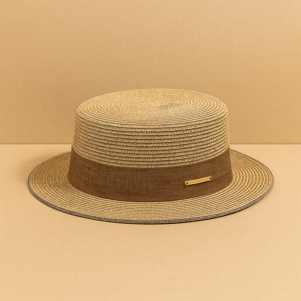 Minimalist straw hat with brown linen band and gold logo plate, displayed on beige background.
