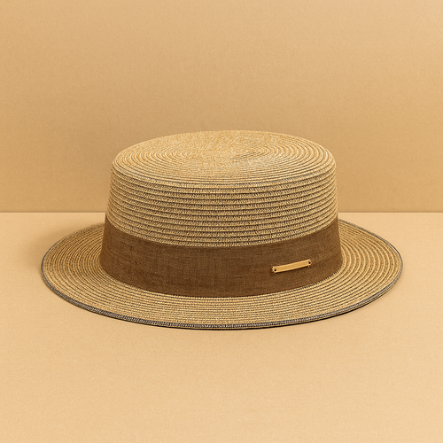 Minimalist straw hat with brown linen band and gold logo plate, displayed on beige background.