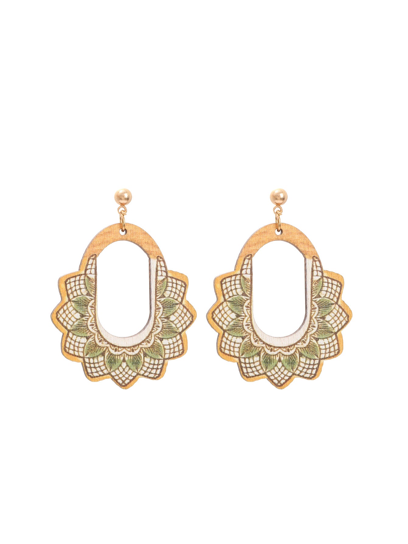 Handcrafted wooden earrings featuring lotus-inspired design in green and beige tones.