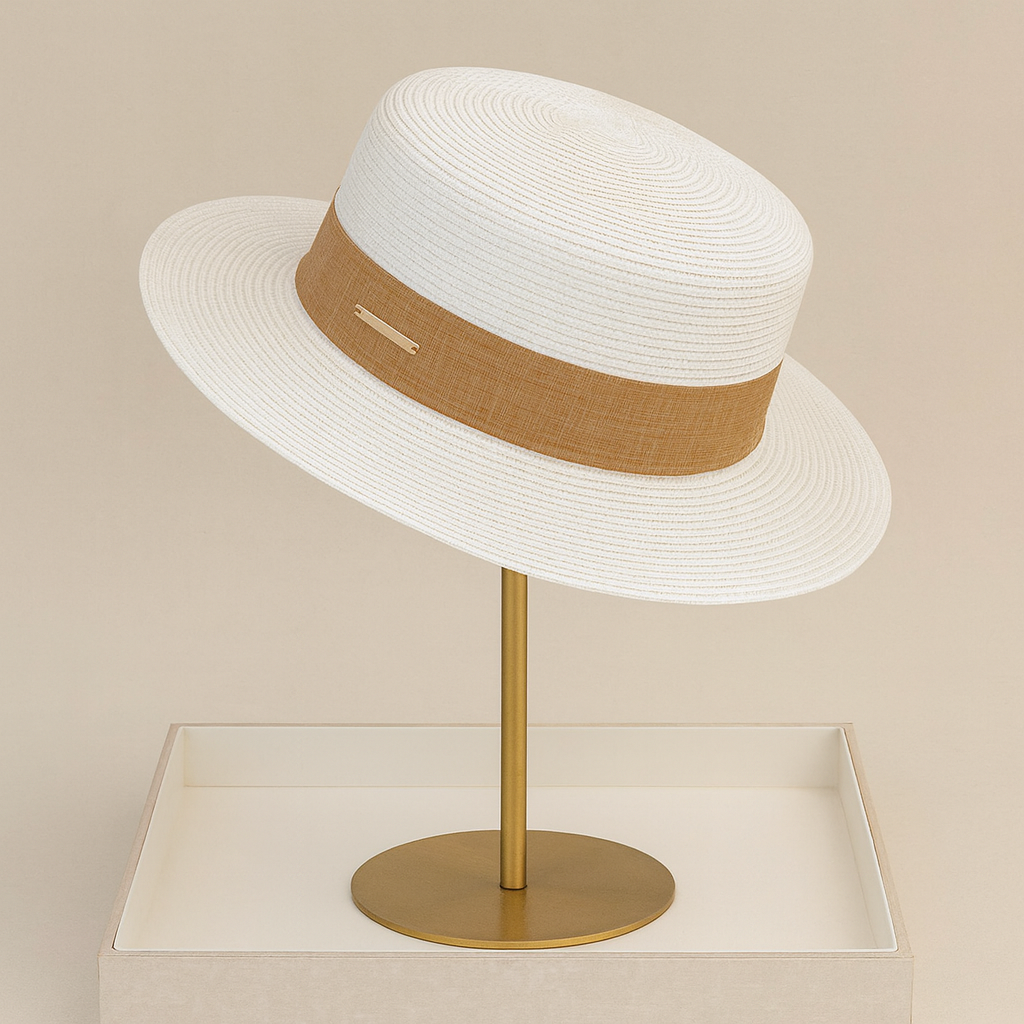 White straw hat with beige linen band, placed on gold stand for a bright and modern presentation.