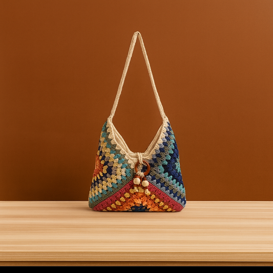Medium cotton thread woven shoulder bag with colorful crochet pattern and long strap, placed on a wooden surface against a warm brown background.