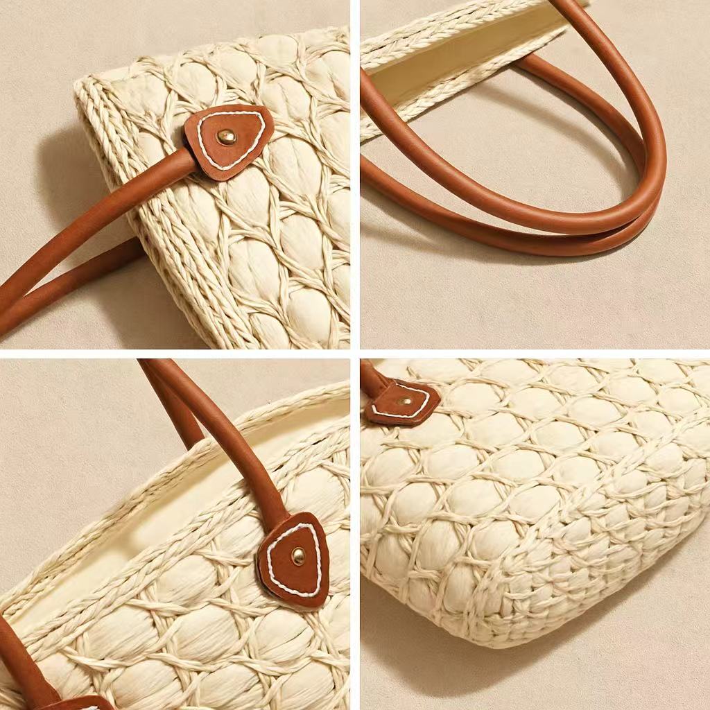 Close-up collage showing details of handle stitching, woven pattern, and texture of the straw tote bag.