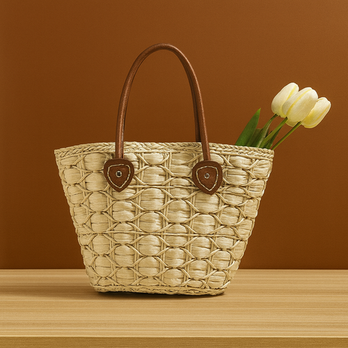 Handwoven straw tote bag with circular weave pattern and brown leather handles, displayed on a wooden surface with white tulips inside against a warm brown background.
