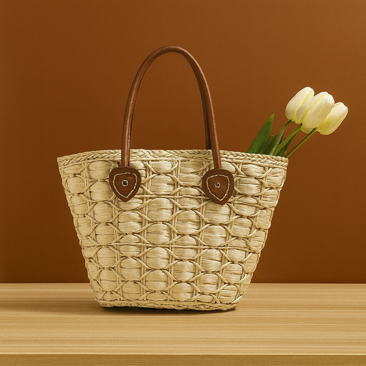 Handwoven straw tote bag with circular weave pattern and brown leather handles, displayed on a wooden surface with white tulips inside against a warm brown background.