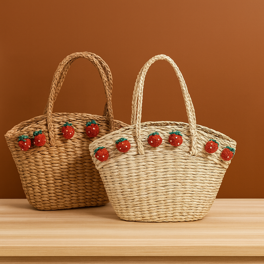 Two handwoven straw beach tote bags, one light and one dark, each decorated with red crochet strawberry charms, displayed on a wooden surface against a warm brown background.
