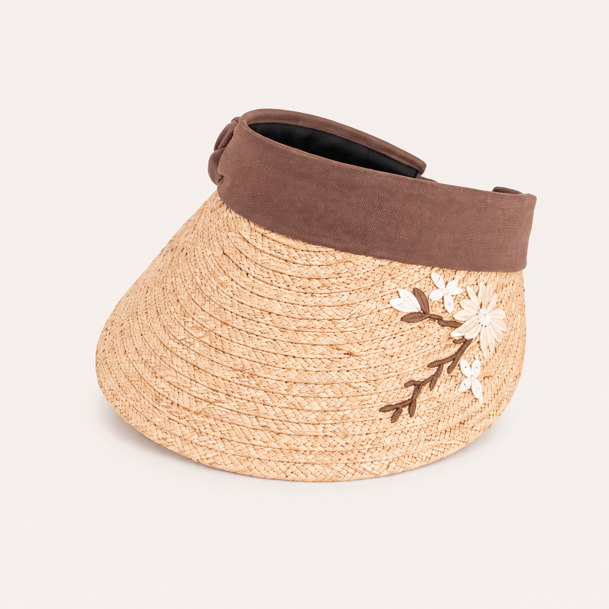 Mocha brown floral embroidered wide brim straw visor hat for women on a neutral background