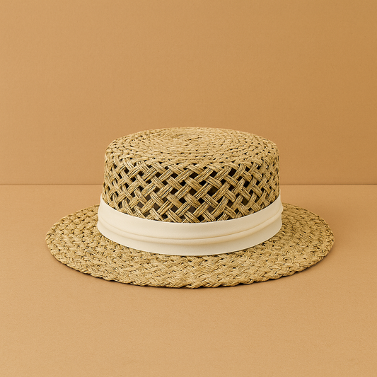 Handwoven flax straw hat with white ribbon accent displayed on a warm beige background, showing its natural woven texture.