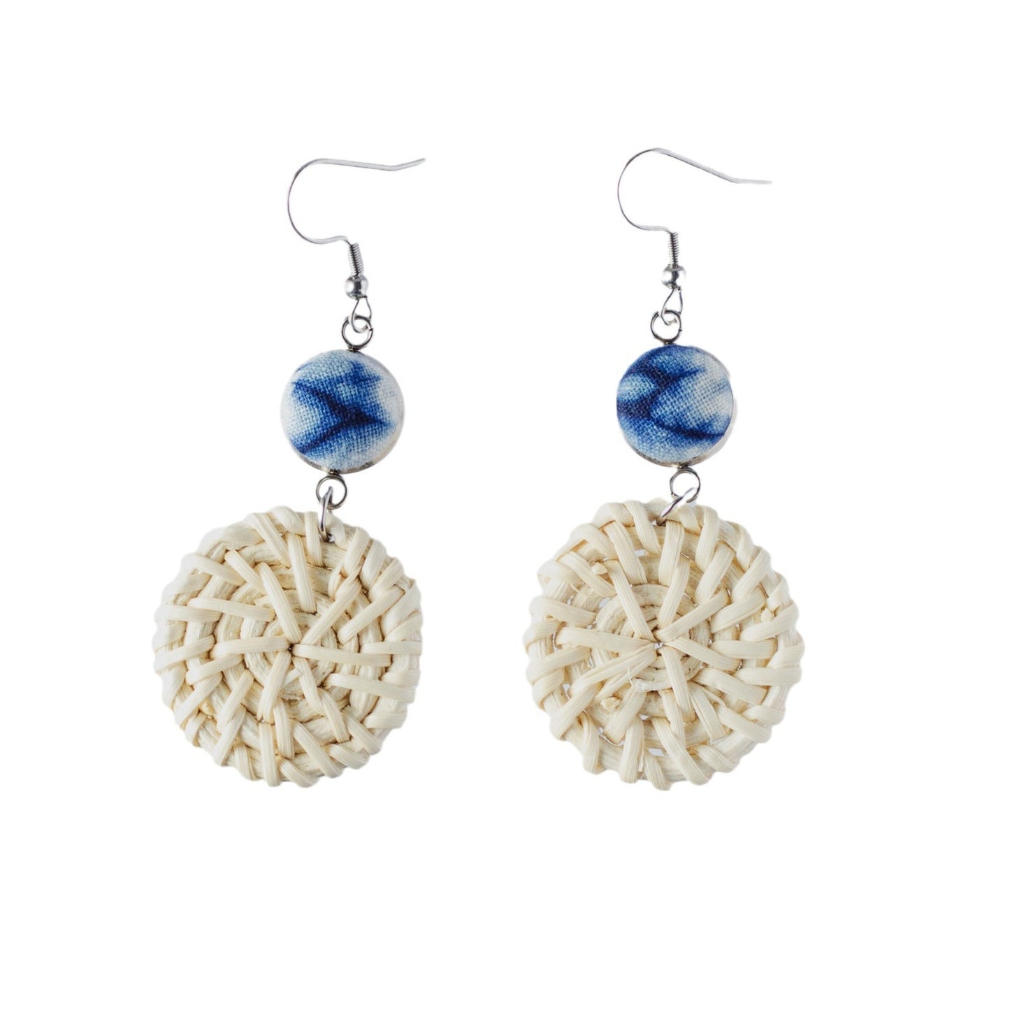 Pair of natural round woven straw earrings with blue ceramic beads and silver hooks.