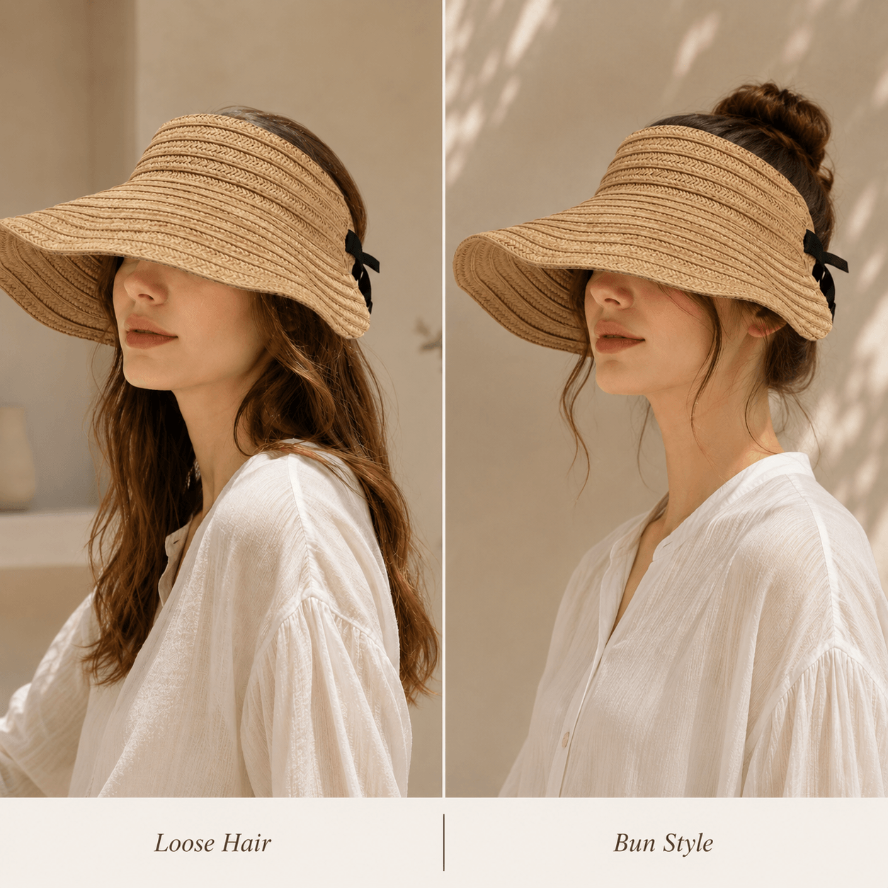 Front and side views of woman wearing a natural woven straw visor hat with open top design