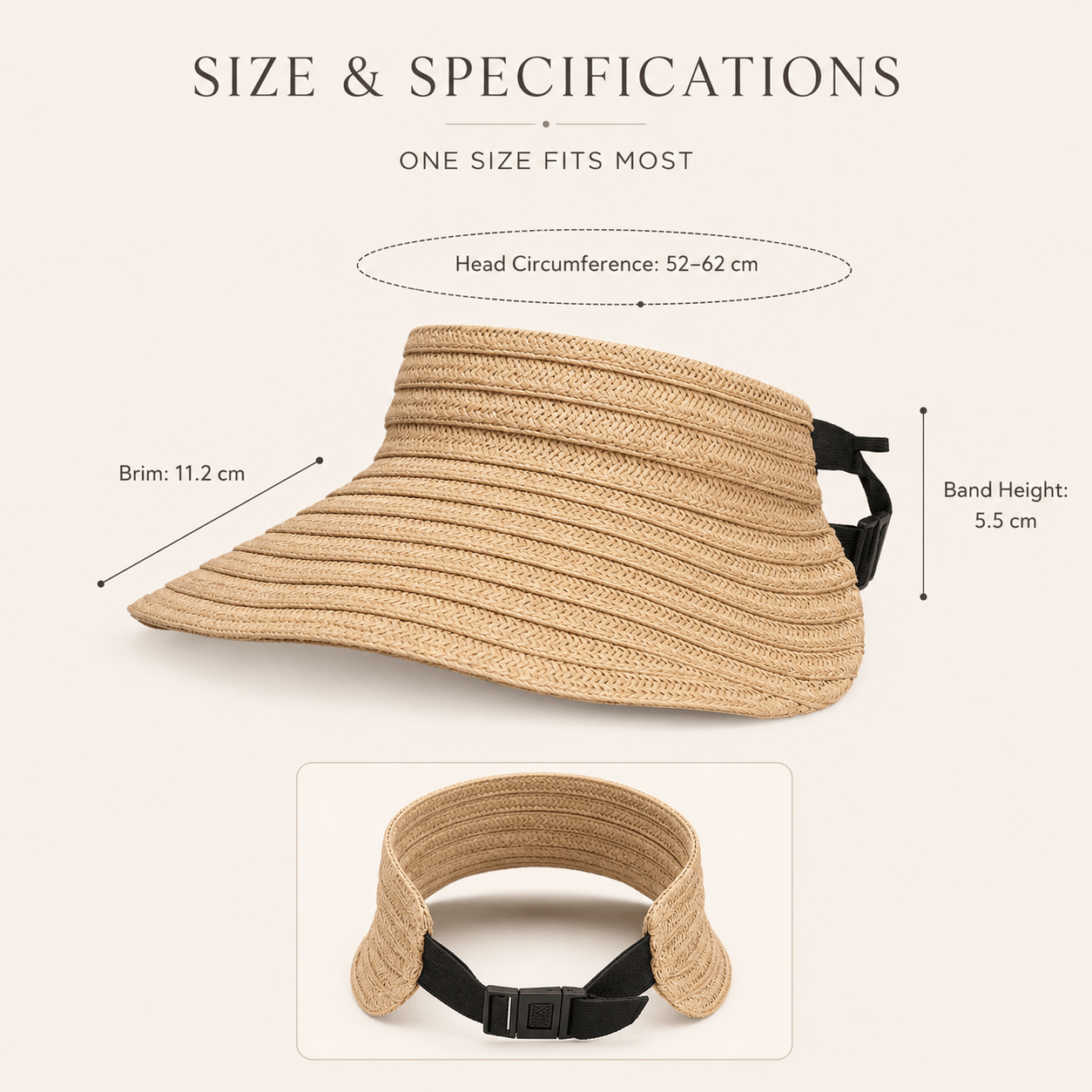 Size guide for natural woven open top straw visor hat with wide brim and adjustable fit