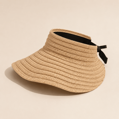 Natural woven wide brim straw visor hat with open top and adjustable back detail