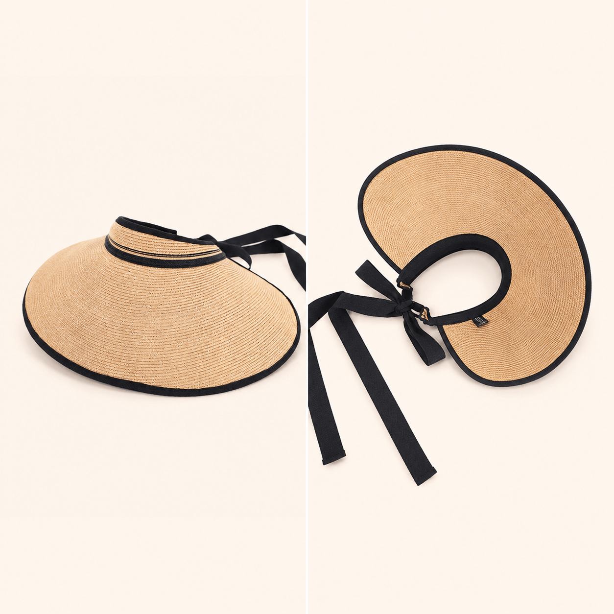 Front and inside views of an open-top paper straw visor hat with black inner band and ribbon tie