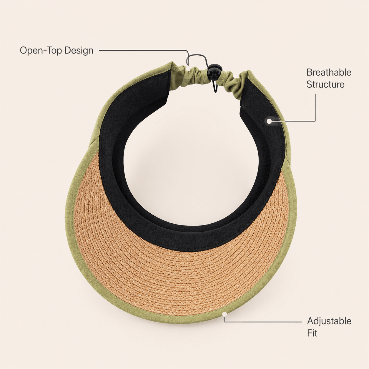 Inside view of a sage green open-top straw visor showing the black inner band and adjustable back toggle