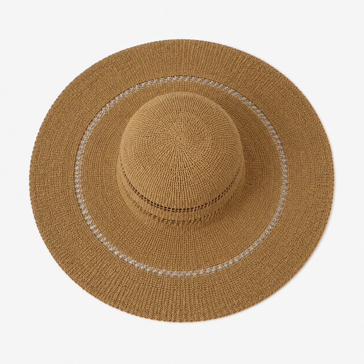 Top view of a khaki openwork wide brim straw sun hat with contrast stitched brim detail