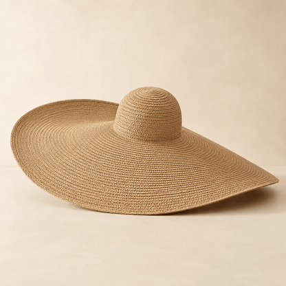 Side view of an oversized wide brim straw sun hat in khaki on a neutral background
